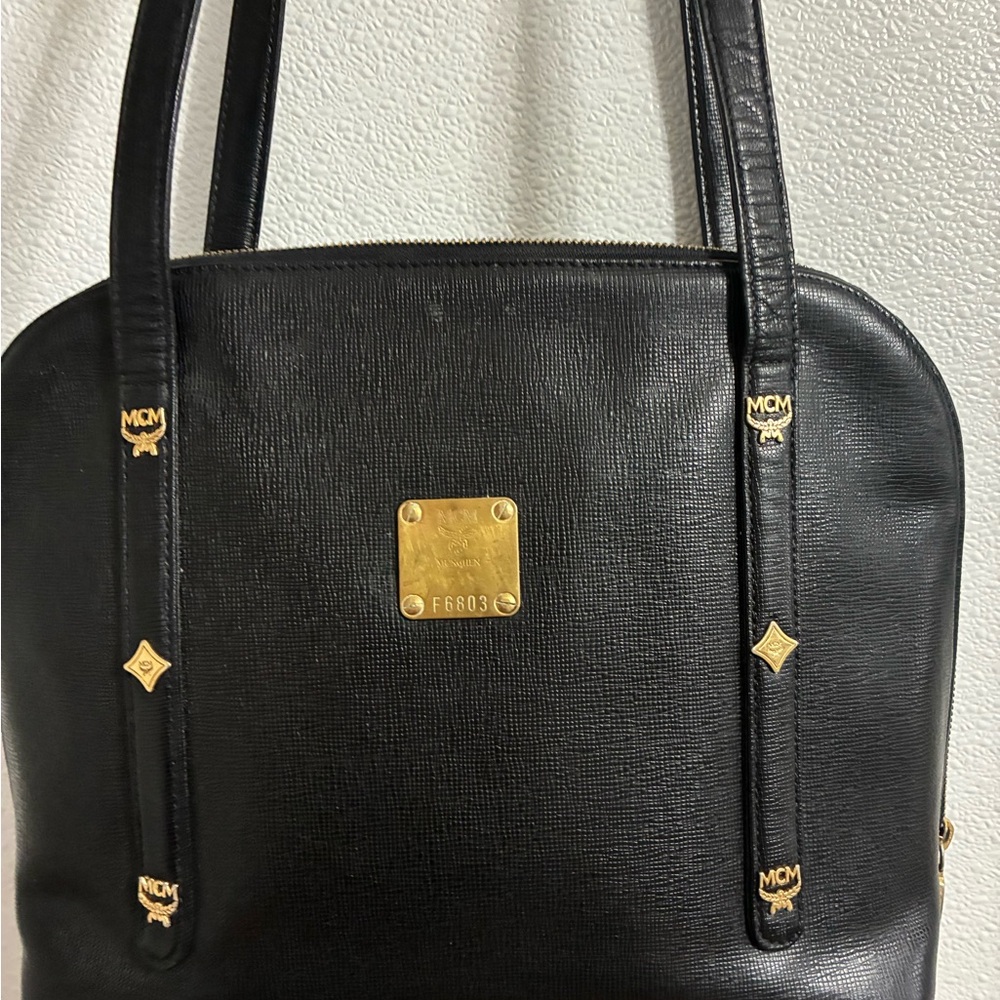 VIntage MCM Black Leather Shoulder Bag with Gold Accents